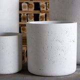 Minimalist Cylinder Planter in textured white finish, perfect for displaying indoor plants