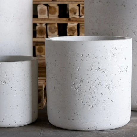 Minimalist Cylinder Planter in textured white finish, perfect for displaying indoor plants