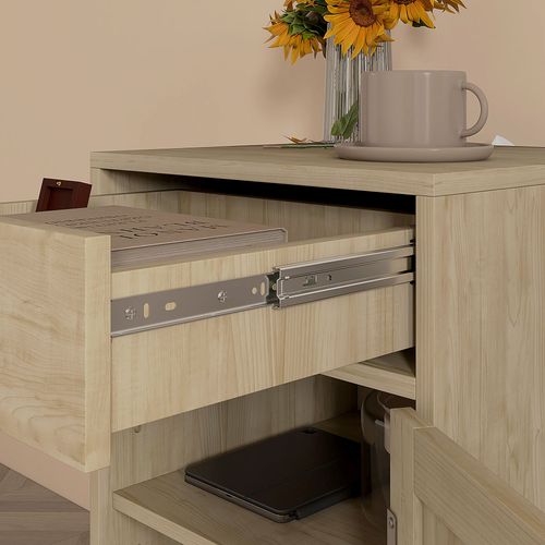 HOMCOM Bedside Table with Rattan Drawer, Cabinet and Adjustable Shelf, Natural HOMCOM