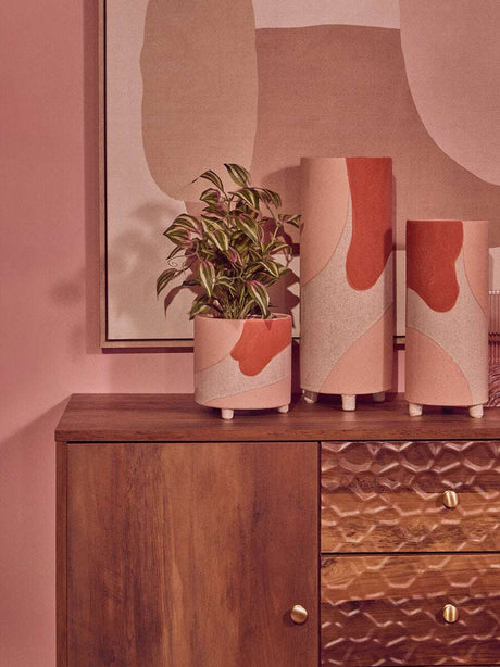 Stylish Orsina wall art featuring abstract shapes with decorative planters on a wooden dresser