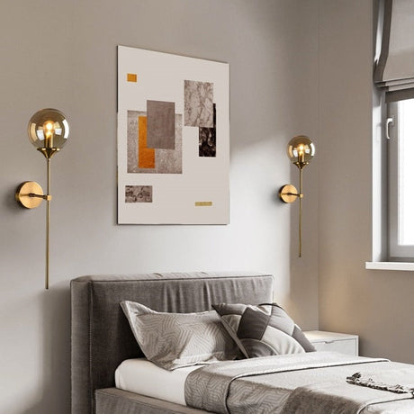 Stylish wall light in a modern bedroom with grey decor and abstract artwork