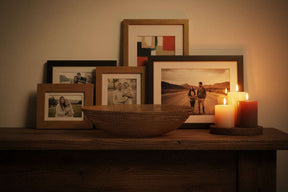 Orsina Decorative Bowl on Wooden Table Surrounded by Charming Photo Frames and Candles