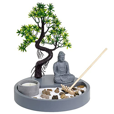 Zen decorative set featuring a candle holder, Buddha statue, and artificial tree for calming spaces