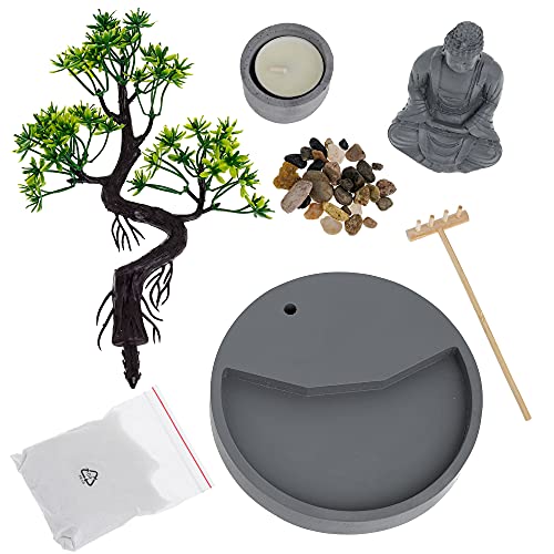 Zen garden set with stone candle holder, artificial tree, rocks, rake and Buddha figurine for tranquil decor