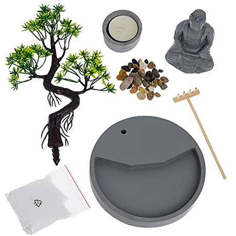Zen garden set with stone candle holder, artificial tree, rocks, rake and Buddha figurine for tranquil decor