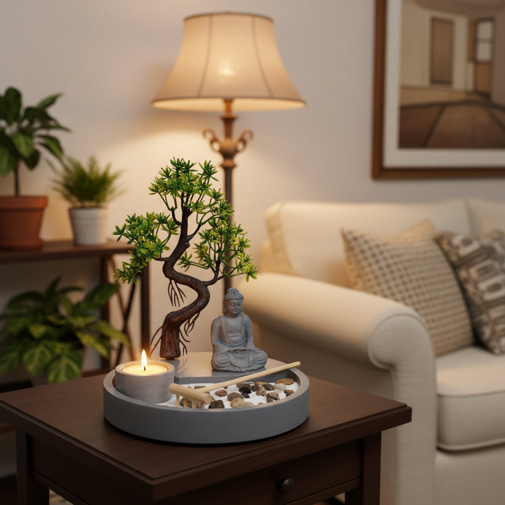 Elegant Candle Holder with Zen Buddha and decorative stones for a calming home atmosphere