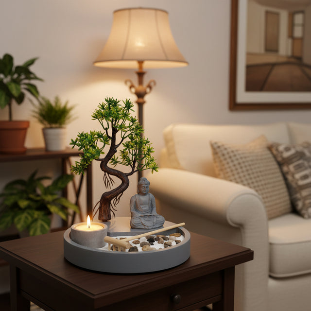 Elegant Candle Holder with Zen Buddha and decorative stones for a calming home atmosphere