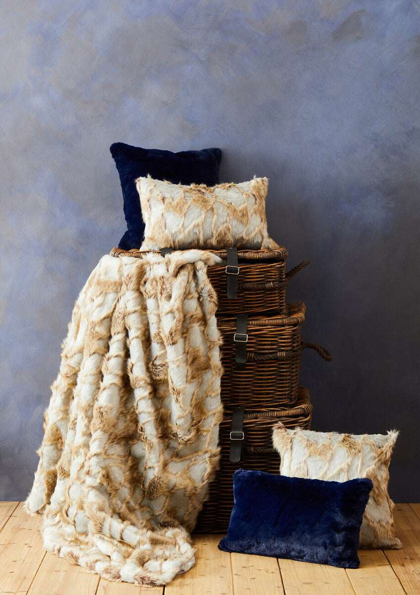 Orsina Fur Throw in Soft Beige with Complementary Cushions for Stylish Home Decor