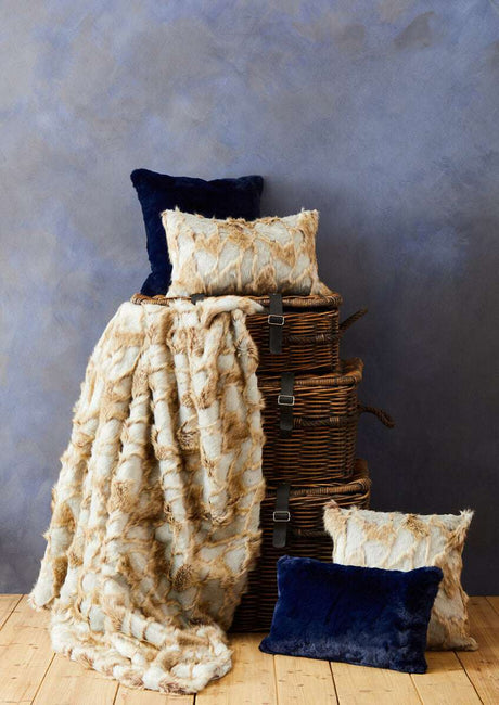 Orsina Fur Throw in Soft Beige with Complementary Cushions for Stylish Home Decor