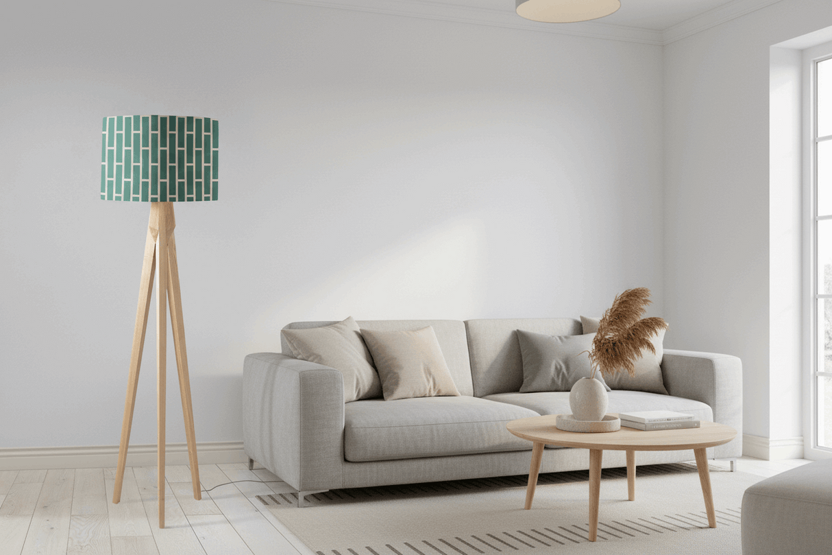 Shadow bright lampshade with a green geometric pattern on a modern floor lamp in a stylish living room