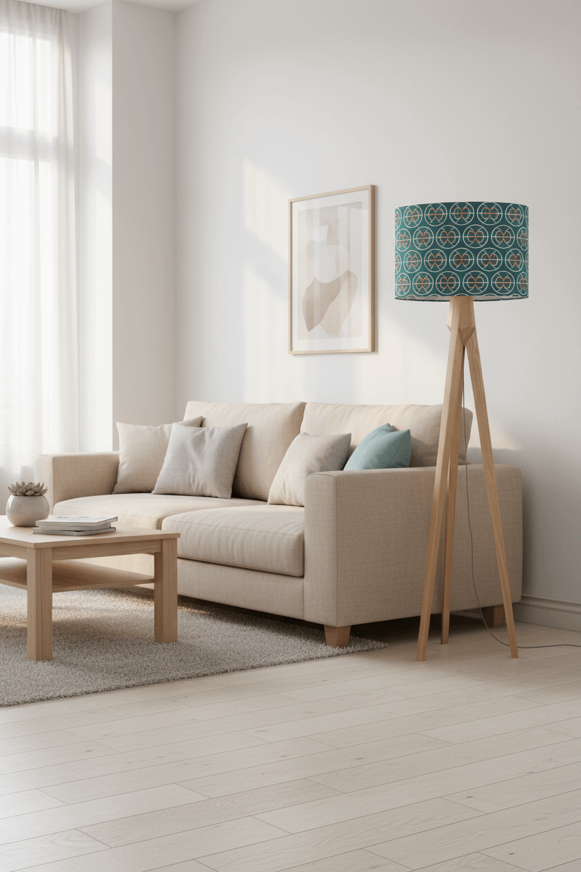Stylish lampshade from Shadow Bright featuring a turquoise floral pattern on a wooden tripod floor lamp