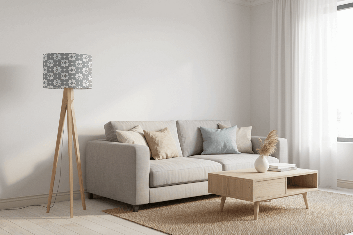 Stylish lampshade with floral pattern on a modern floor lamp in a cosy living room setting