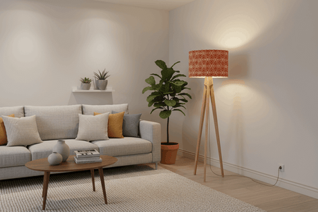 Shadow Bright stylish lampshade on a tall floor lamp in a modern living room setting