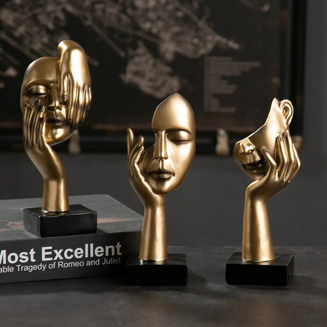 Nisu Home Gold Decorative Ornament Set with Artistic Face Sculptures for Modern Interiors