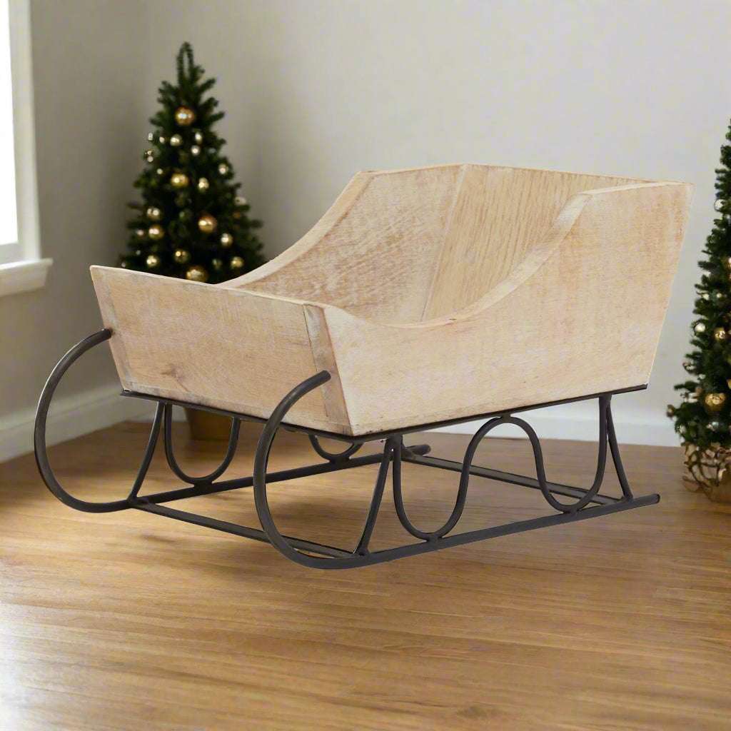 White Wash Collection Wooden Decorative Sleigh BROWN METAL Shades 4 Seasons