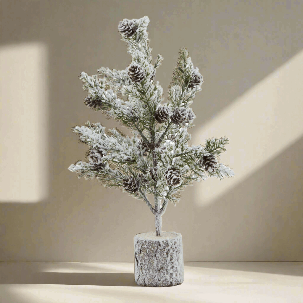 Small Snowy Fir Tree With Pinecones In Wood Log Shades 4 Seasons