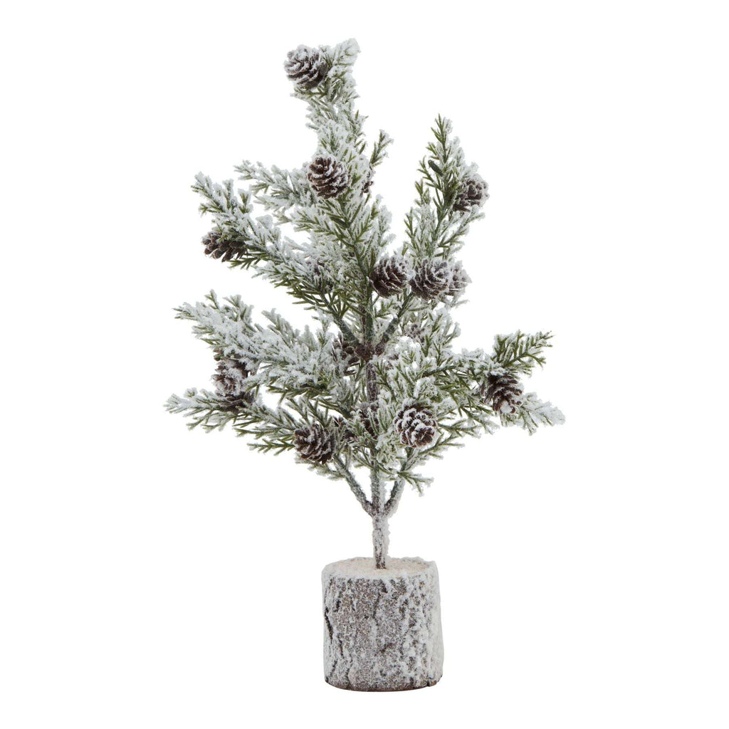 Small Snowy Fir Tree With Pinecones In Wood Log BROWN PLASTIC Shades 4 Seasons