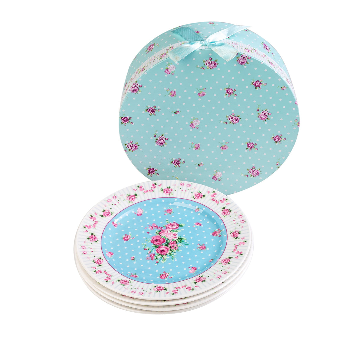 Set of three vintage dessert plates in floral design with a decorative gift box, perfect for elegant dining