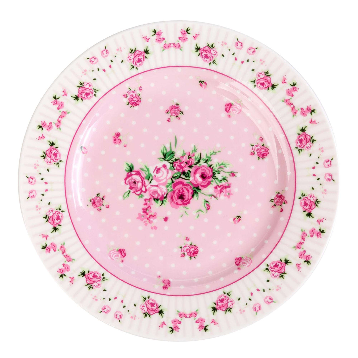 Charming pink dessert plates with floral rose pattern and polka dots for elegant dining