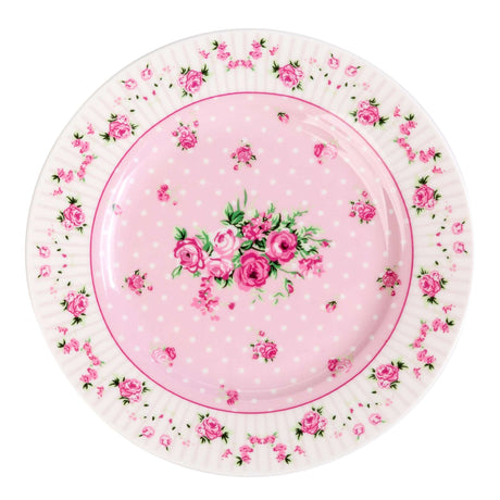 Charming pink dessert plates with floral rose pattern and polka dots for elegant dining
