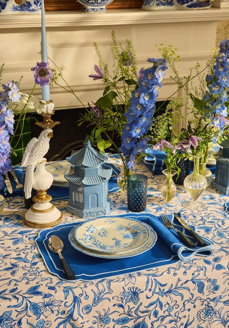 Elegant Casa by Josephine Jenno cotton tablecloth in floral print, enhancing a beautifully set dining table