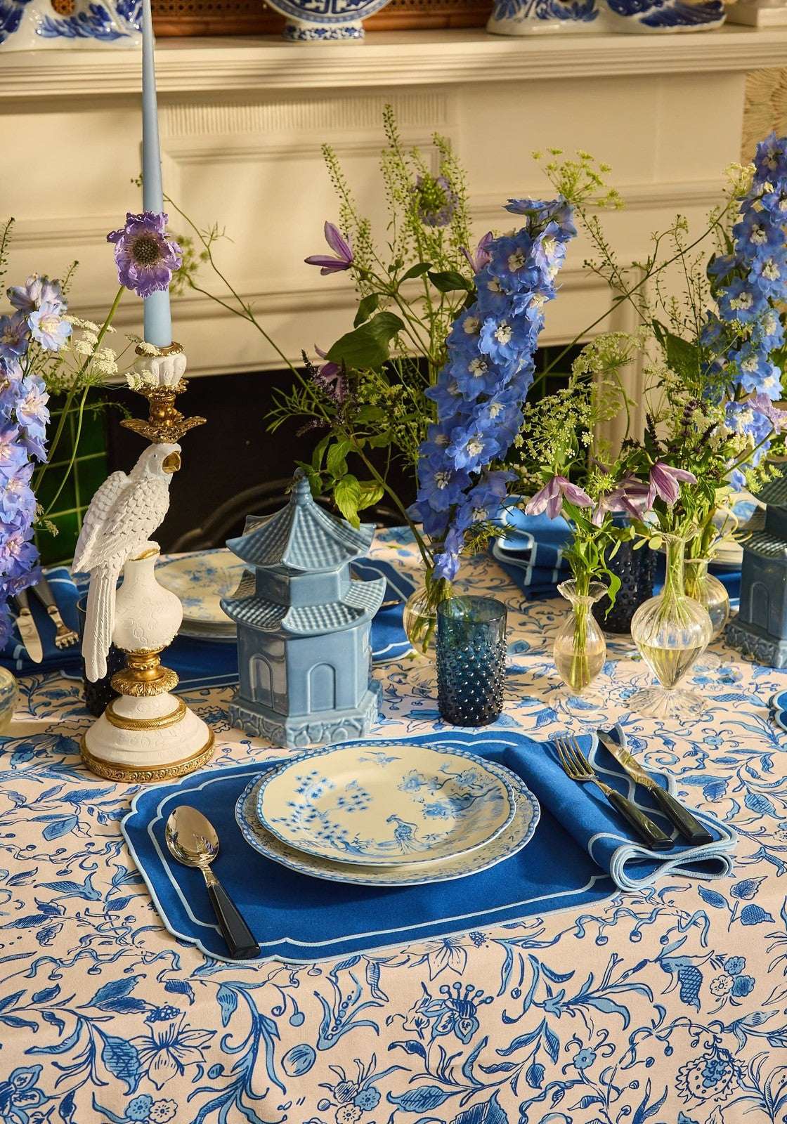 Elegant Casa by Josephine Jenno cotton tablecloth in floral print, enhancing a beautifully set dining table