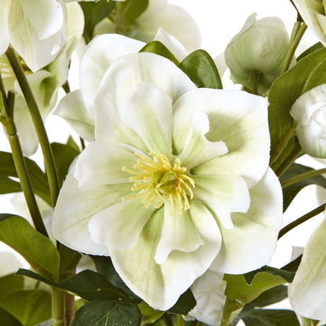 Beautiful White Hellebore artificial flowers with delicate petals and vibrant green foliage for home decor