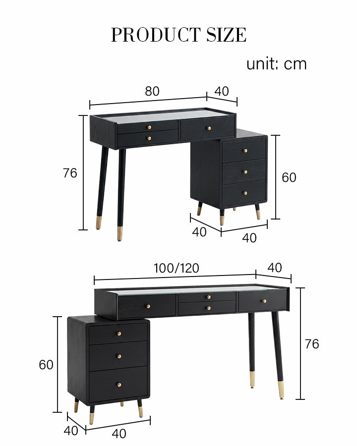 Le Di Vita Dressing Table in Black with Gold Handles and Multiple Storage Drawers for Organised Spaces