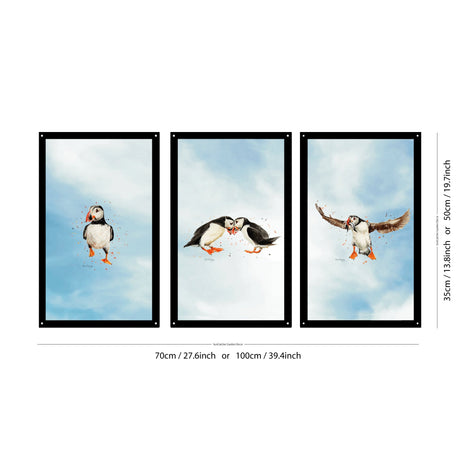SunCatcher-UK Mirror Set featuring three Puffin bird designs with vibrant backgrounds for garden decor