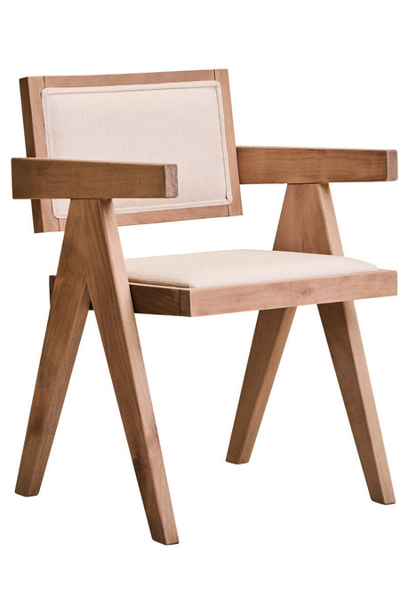 Orsina Dining Chair in natural wood with a fabric seat and backrest for modern dining spaces