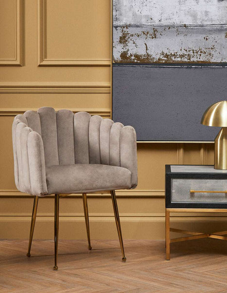 Orsina Dining Chair in soft grey velvet with elegant curved design and gold legs