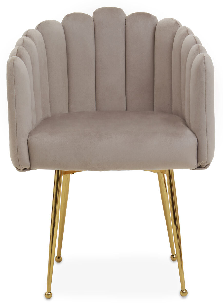 Orsina Modern Dining Chair in soft grey with a scalloped design and gold legs