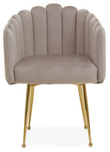 Orsina Modern Dining Chair in soft grey with a scalloped design and gold legs