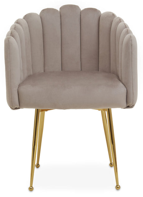 Orsina Modern Dining Chair in soft grey with a scalloped design and gold legs