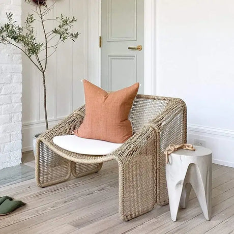 Nisu Home Stylish Dining Chair with Rattan Weave and Comfortable Cushion in Neutral Tones