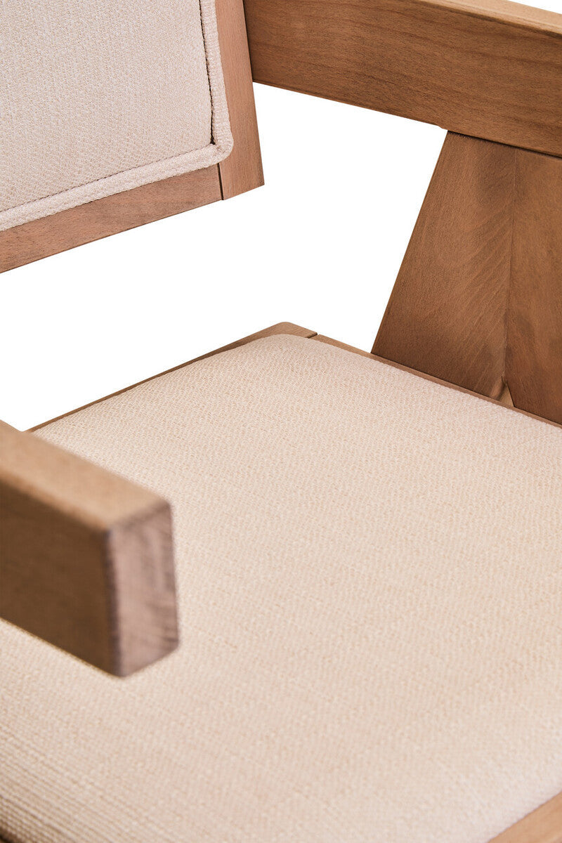 Orsina Dining Chair with a beige cushioned seat and wooden armrests for modern dining spaces