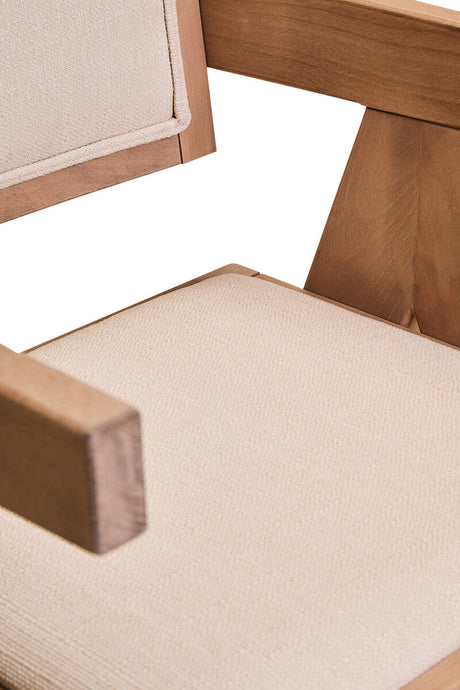 Orsina Dining Chair with a beige cushioned seat and wooden armrests for modern dining spaces