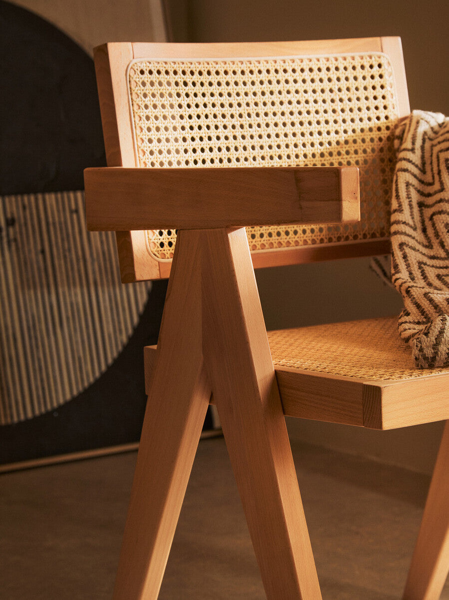 Orsina Dining Chair with Natural Rattan Backrest and Solid Wood Frame for Elegant Seating