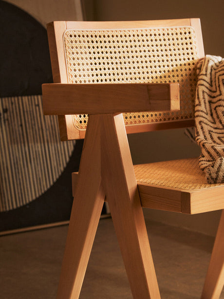 Orsina Dining Chair with Natural Rattan Backrest and Solid Wood Frame for Elegant Seating