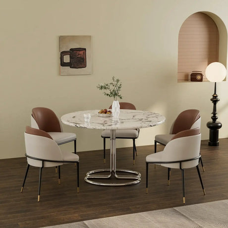 Stylish Klassyx Dining Chairs in beige and brown around a modern marble dining table