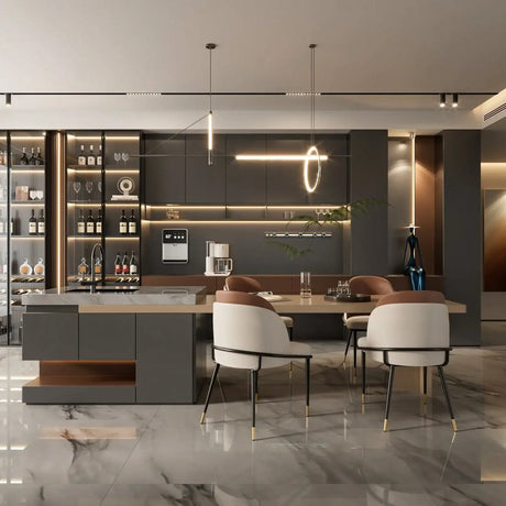 Modern dining chairs in a stylish kitchen with marble flooring and elegant lighting features