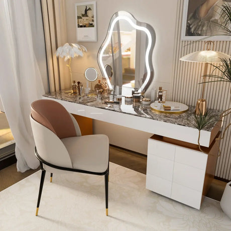 Stylish Klassyx dining chairs with a modern design positioned near an elegant vanity table