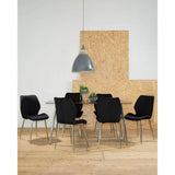 Orsina Glass Dining Table with Six Black Chairs in Modern Dining Room Setting