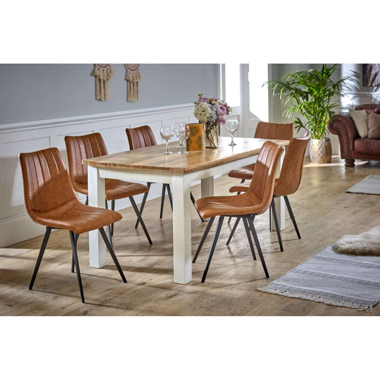 Verty Furniture Dining Table with Wooden Top and Six Stylish Leather Chairs in a Modern Dining Room Setting