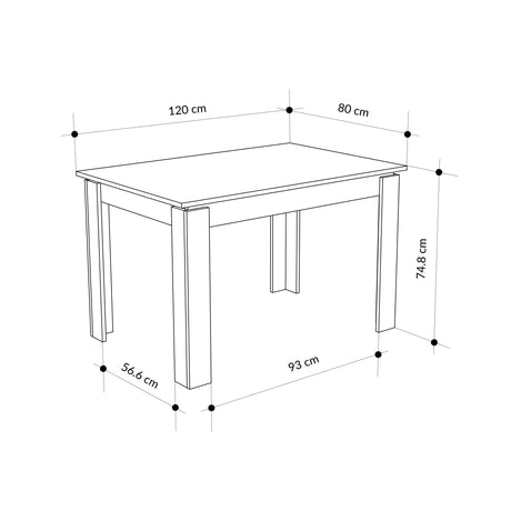 Decortie Dining Table with dimensions 120 cm x 80 cm and height 74.8 cm, perfect for modern dining rooms