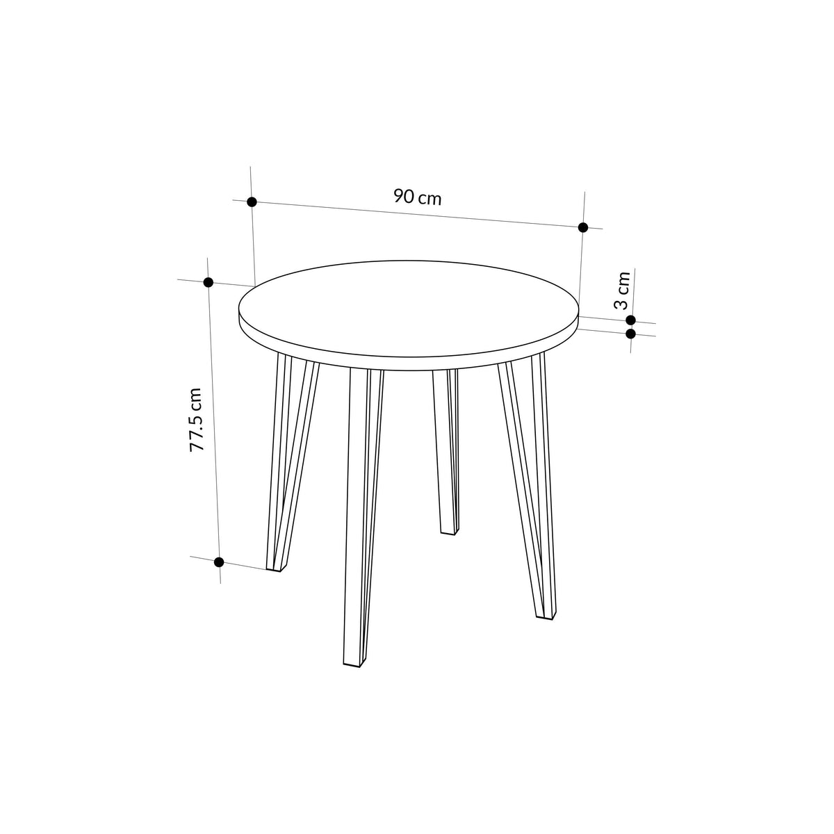 Decortie round Dining Table with a 90 cm diameter and 77.5 cm height, perfect for compact dining spaces
