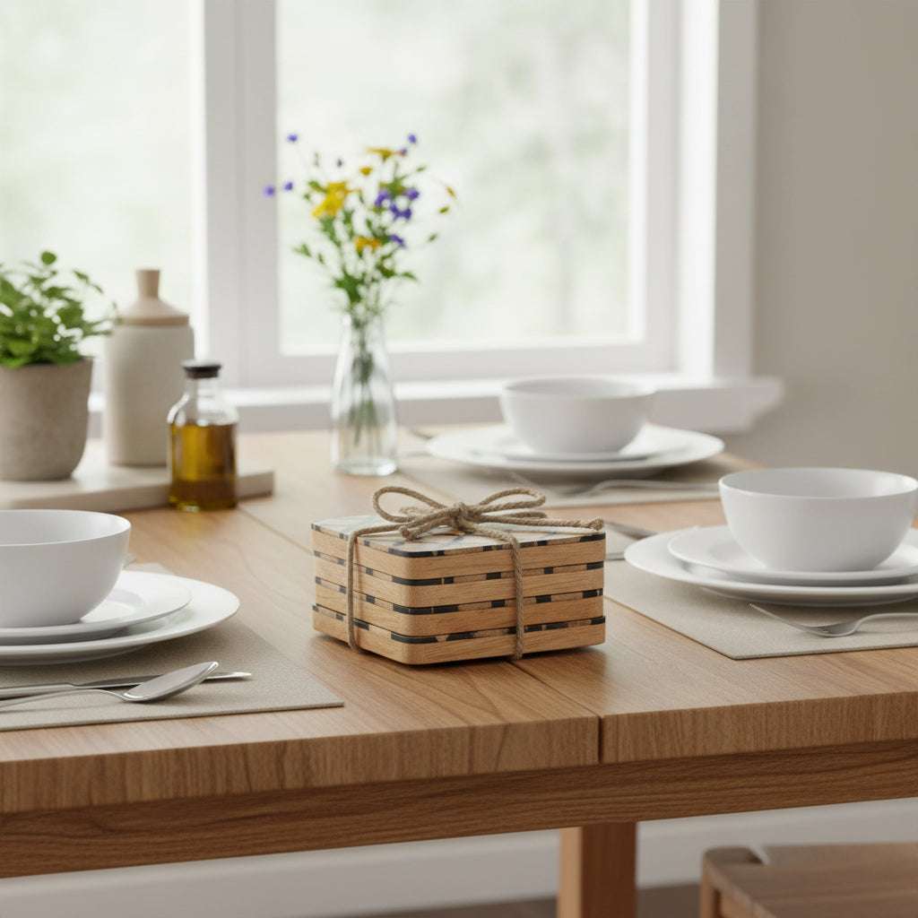 Set Of 4 Wood Effect Black Geometric Coasters BROWN WOOD Shades 4 Seasons