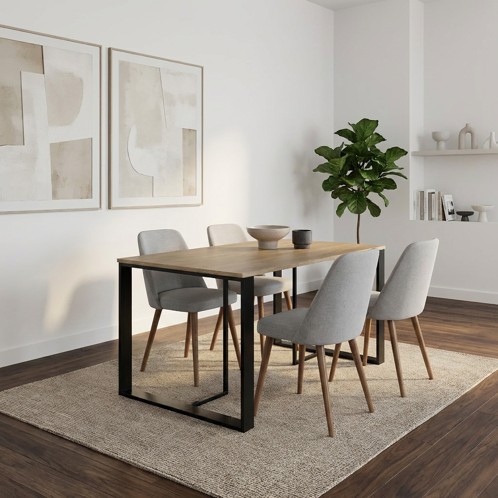 Decortie Dining Table in a Modern Dining Room Setup with Grey Chairs and Minimalist Decor