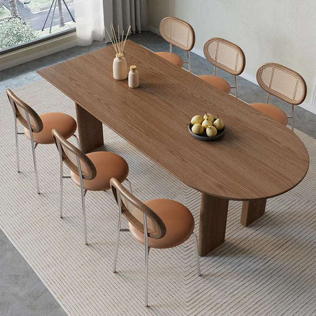 Nisu Home modern dining table in natural wood finish with eight stylish chairs for elegant dining experiences