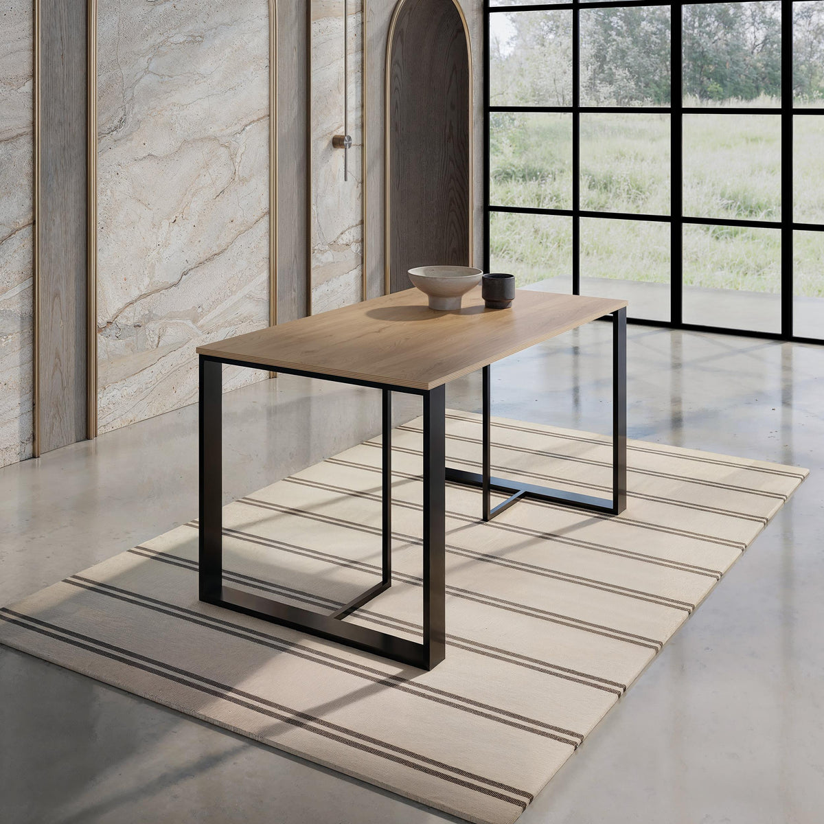 Decortie Dining Table with a wooden top and sleek black metal legs in a modern dining space